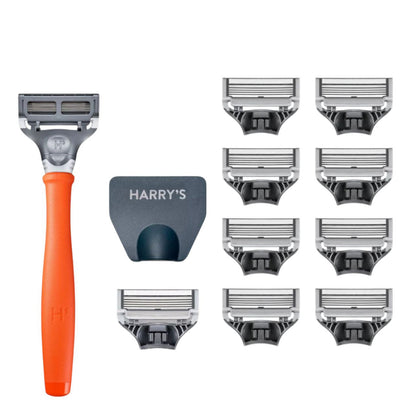 Kit de afeitado para hombre de Harry's: mango naranja con 8 hojas de repuesto | Set de afeitado de precisión de 5 hojas