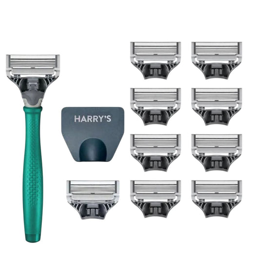 Harry’s Men’s Shaving Kit – Green Handle with 8 Blade Refills | Smooth 5-Blade Razor
