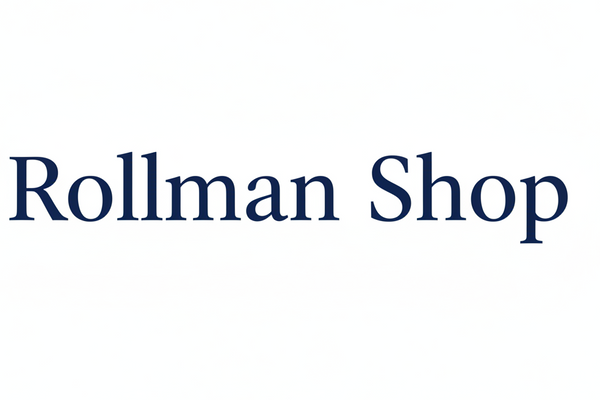 Text 'Rollman Shop' in blue on a white background
